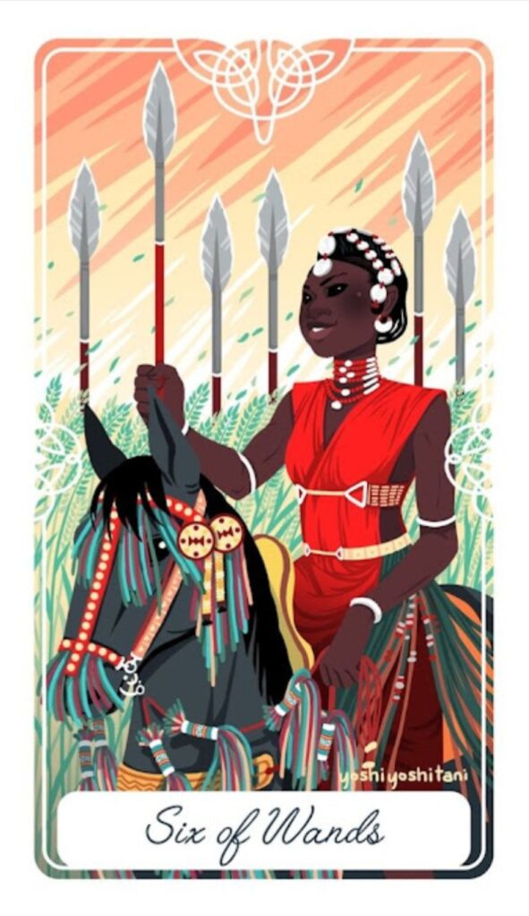 O arcano 6 de Paus é a carta do triunfo público. Ele surge logo após as tensões do 5 de Paus, trazendo resolução e aclamação depois de tanto esforço