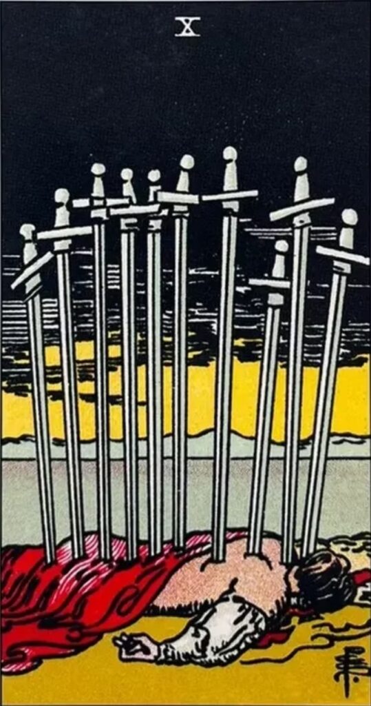 O arcano 10 de Espadas sinaliza que "aquela" situação chegou ao fundo do poço e que é hora de começar a subir. Viva o luto porque há a promessa sutil de renascimento