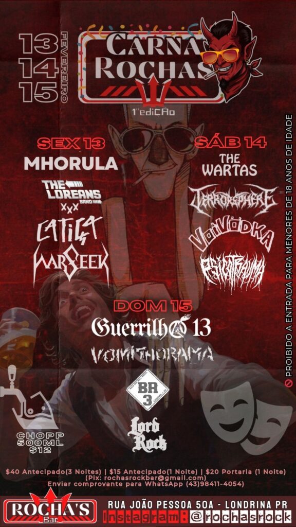 Para quem quer fugir do Carnaval tradicionakl, 12 bandas de rock se apresentarão de sexta (13) a domingo (15), no Carna Rochas.