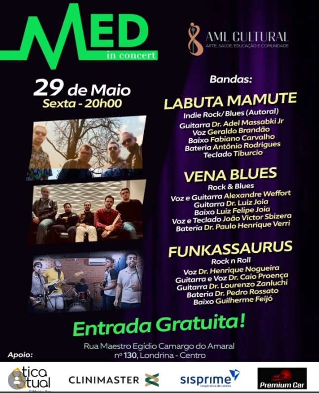 Labuta Mamute, Vena Blues e Funkassaurus estarão no Med in Concert, nesta sexta (29), na AML Cultural, com entrada gratuita