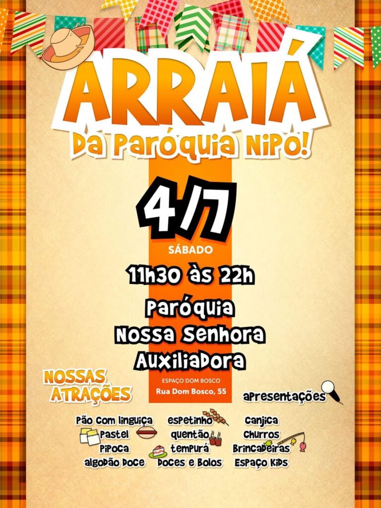 A Paróquia Nossa Senhora Auxiliadora promove seu tradicional Arraiá da Paróquia Nipo, uma festa multicultural, que reúne tradições juninas com cultura japonesa