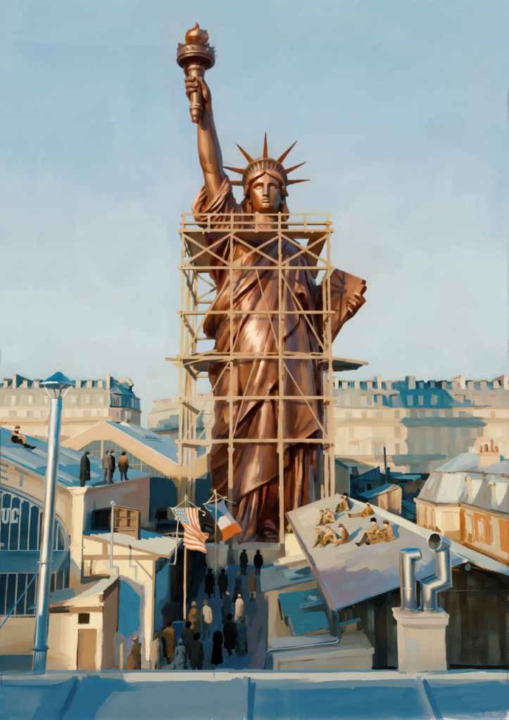 A construção e entrega da Estátua da Liberdade como presente aos Estados Unidos está em exposição no Museu d'Orsay, em Paris