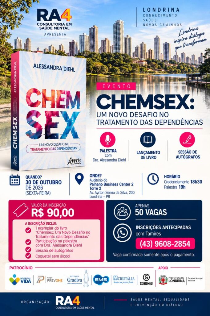 Livro "Chemsex: um novo desafio para o tratamento das dependências”, da doutora Alessandra Diehl, será lançado no dia 30 de outubro, com um debate. As inscrições já estão abertas.