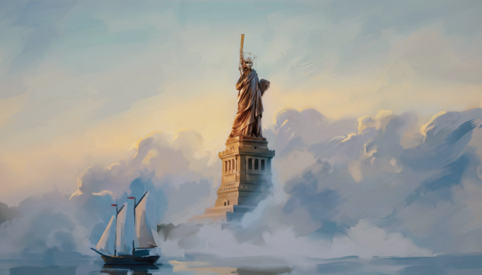 01. Une Statue pour la Liberté, Concept art de l'expérience, dans la baie de New York la Statue de la Liberté est en cours de construction sur Bedloe's Island