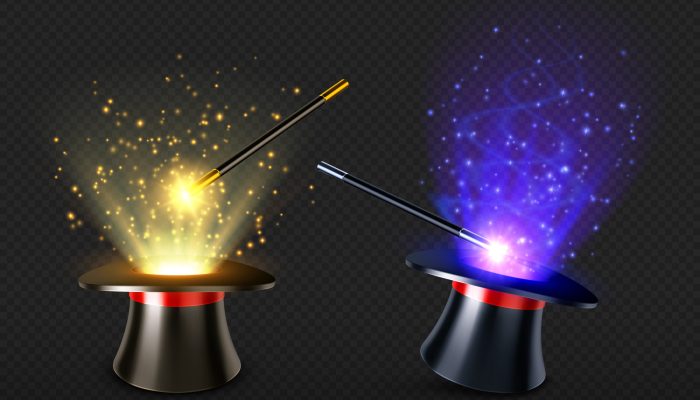 Magic wand and magician hat with spell light and sparkles. Illusionist black cylinder with mystery glow and stick for miracles. Vector realistic set of 3d high cap with red ribbon and wizard wand