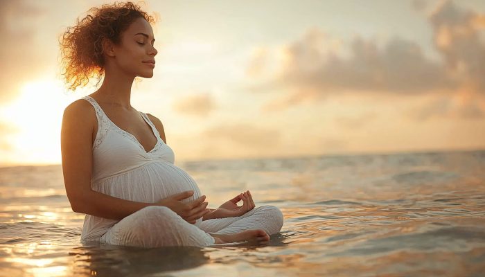 Render an image of a pregnant mother meditating by the ocean, connecting with her baby