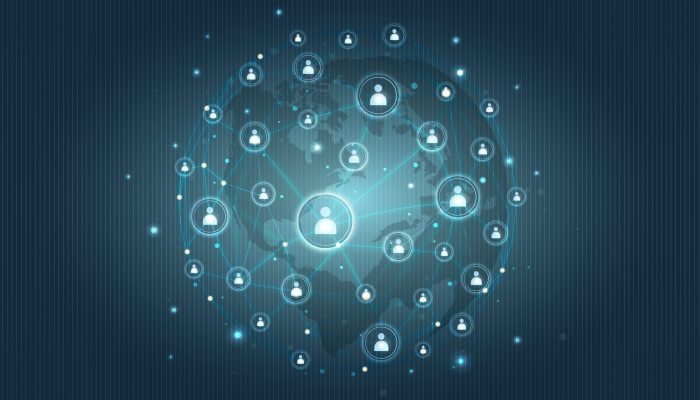 Blue social network technology icons background vector