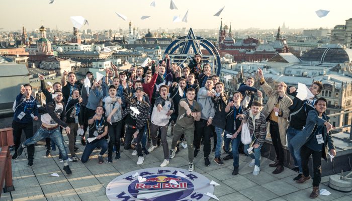 Participants pose for the group portrait during the Red Bull Paper Wings National Final in Moscow, Russia on April 19, 2019 // SI201904200046 // Usage for editorial use only //