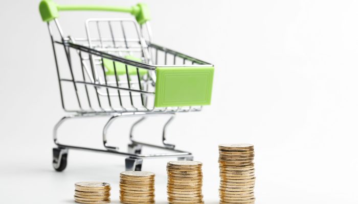 COINS pile and shopping cart on a white background