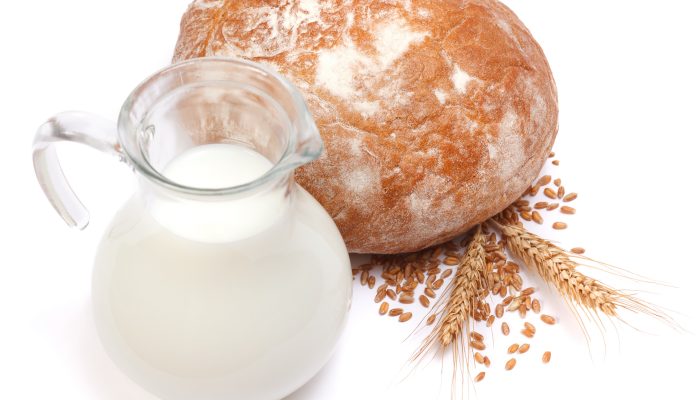 Small bread with wheat ear and seeds, jug of milk in front