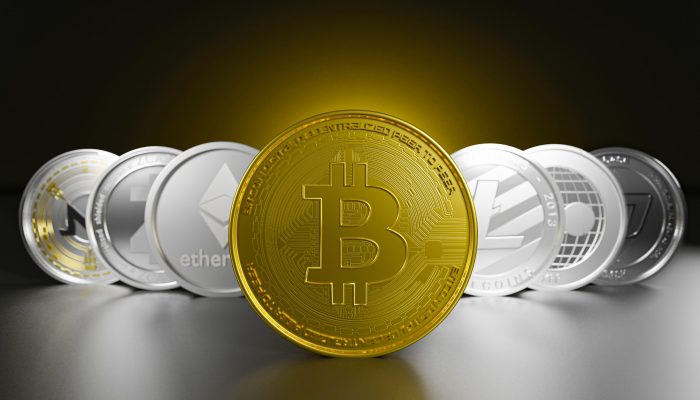 Cryptocurrencies set by golden bitcoin leader of digital currency asset of symbol coins, Bitcoin, Ethereum, Litecoin, zcash, ripple,monero for investment.3D rendering electronic economy exchange.